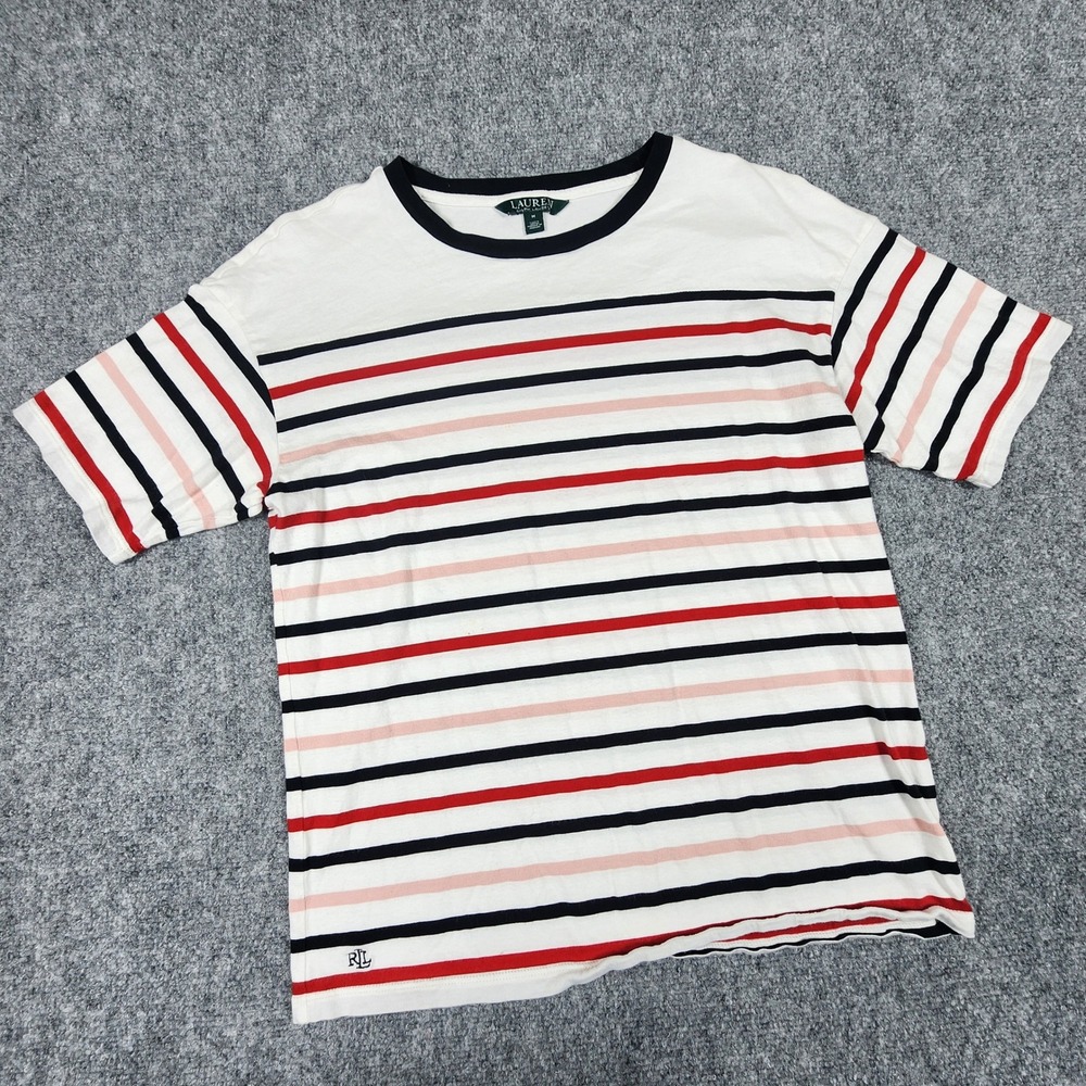 Lauren Ralph Lauren Striped‎ T-Shirt Womens Medium White Red Navy Pink Crew Neck
